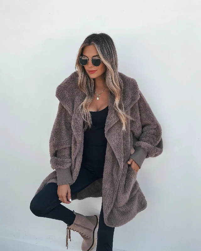 sleek luster cardigan -sleek shine cardigan -Teddy Fleece Hooded Cardigan - Brown