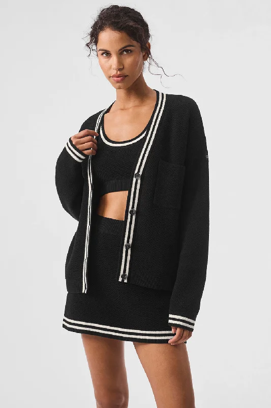 seam edge cardigan -seam edge cardigan -Tennis Club Sweater Knit Cardigan - Black/Ivory