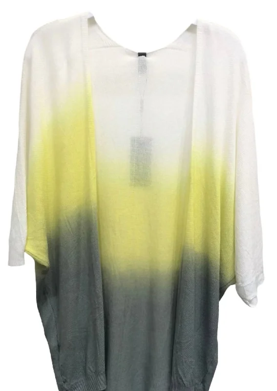 fluid edge cardigan -fluid trim cardigan -Women's Dip Dye Light Weight Knit Cardigan In White/yellow