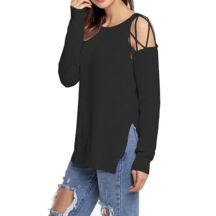 rose thick pullover sweater -Black Open Shoulder Sweater