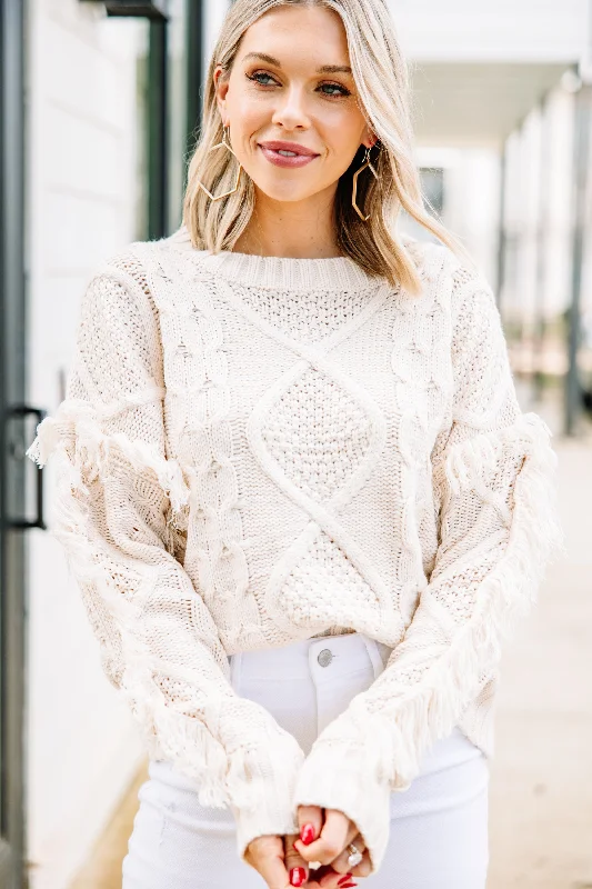 crisp plush pullover sweater -All Or Nothing Cream White Fringe Sweater