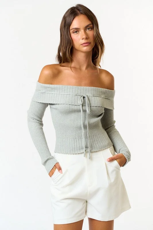 sienna shine pullover sweater -Beckett Off Shoulder Ribbed Long Sleeve Sweater Top