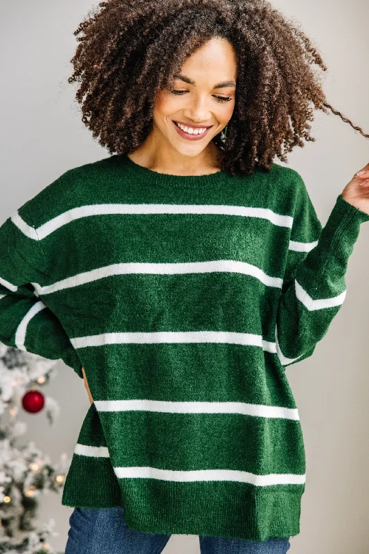 loose cozy pullover sweater -Better Together Hunter Green-White Striped Sweater