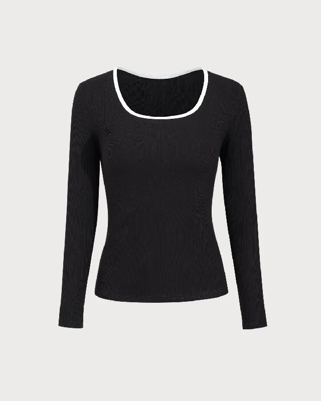 mint vivid pullover sweater -Black Contrasting Square Neck Slim Sweater