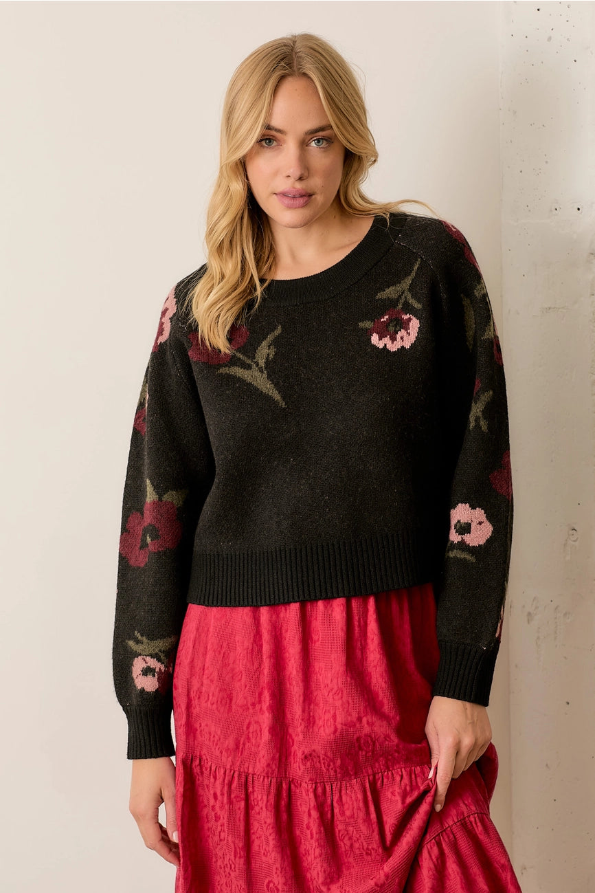 cedar breezy pullover sweater -Black Long Sleeve Floral Sweater