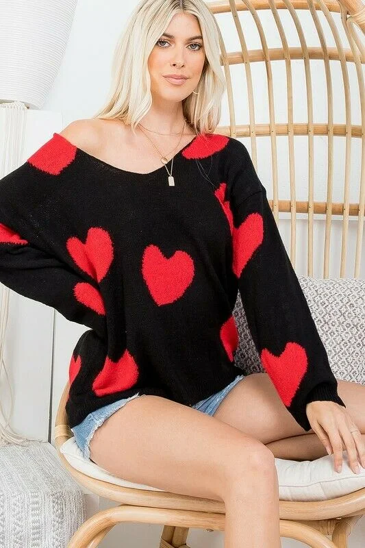 newborn calm pullover sweater -Black Red Multi Heart Knit V-Neck Valentines Day Long Sleeve Relaxed Sweater