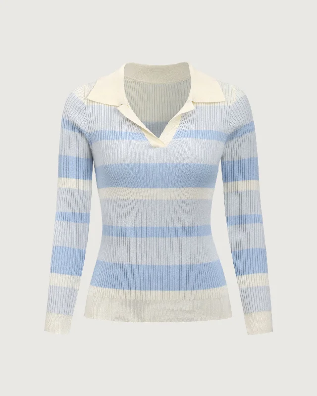 melon refined pullover sweater -Blue Striped V-Neck Slim Sweater