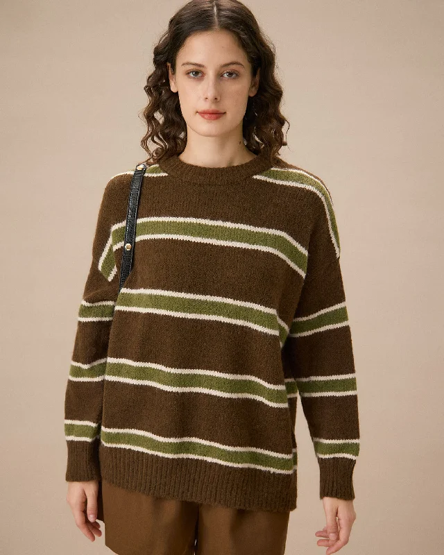 soft curve pullover sweater -Brown Drop Shoulder Striped Sweater