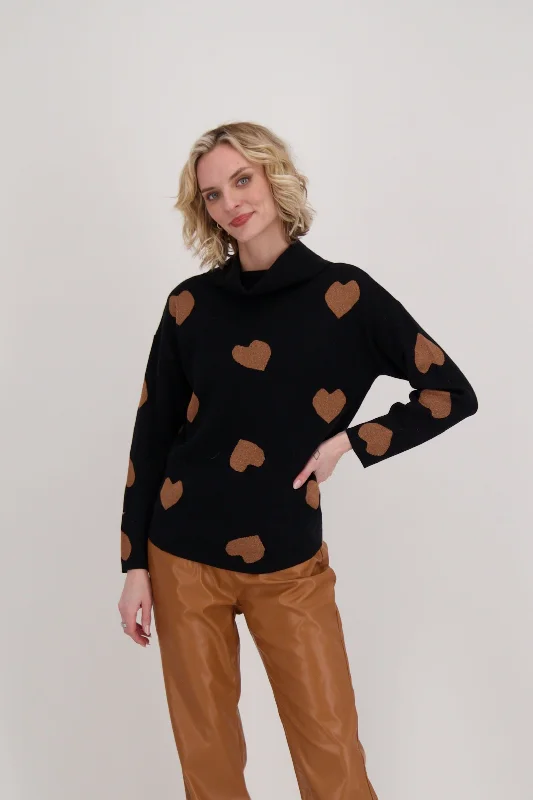 glossy cozy pullover sweater -Brown Hearts Mock Neck Sweater With Back Tie-Up