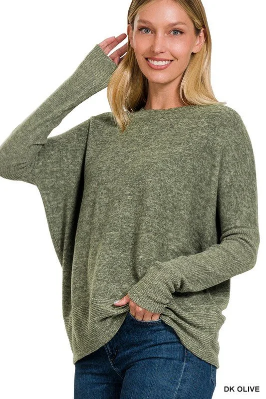 rose thick pullover sweater -Brushed Melange Dolman Sleeve Sweater