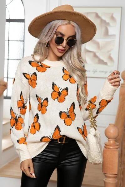 cedar breezy pullover sweater -TastyHottie - Butterfly Round Neck Long Sleeve Butterfly Sweater