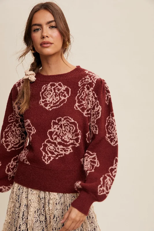 ribbed plush pullover sweater -Crimson Floral Pullover Knit Sweater