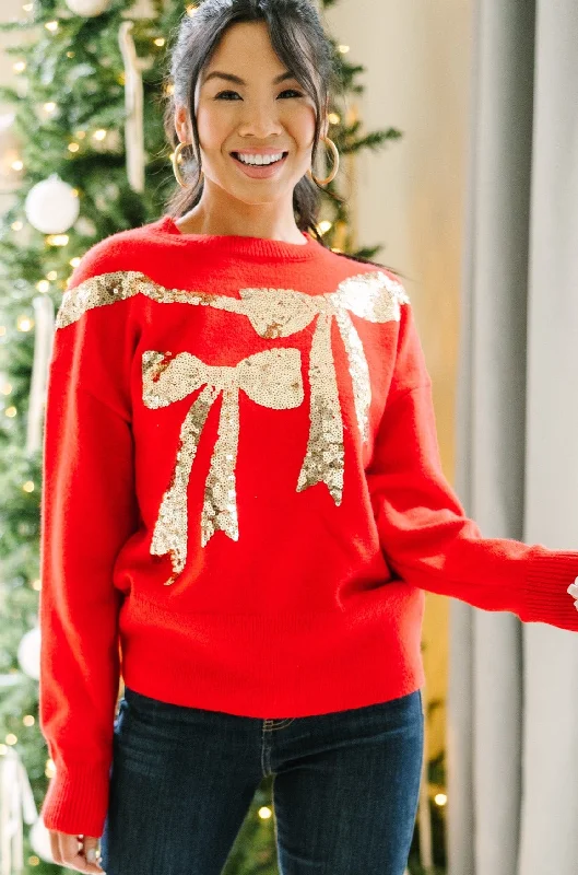 maternity vivid pullover sweater -Feeling Present Red Sequin Bow Sweater