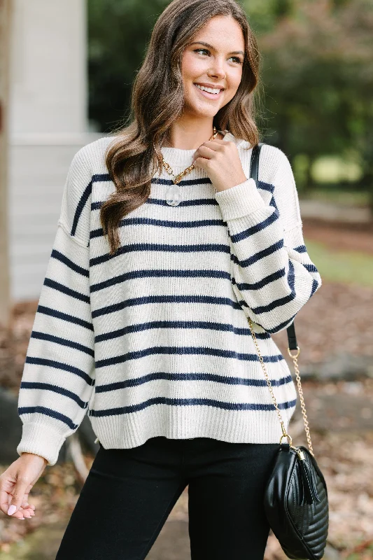 cotton thick pullover sweater -Find Your Way Off White Striped Sweater