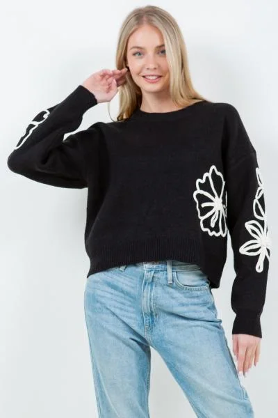 umber hearty pullover sweater -Floral Knit Stitch Sweater