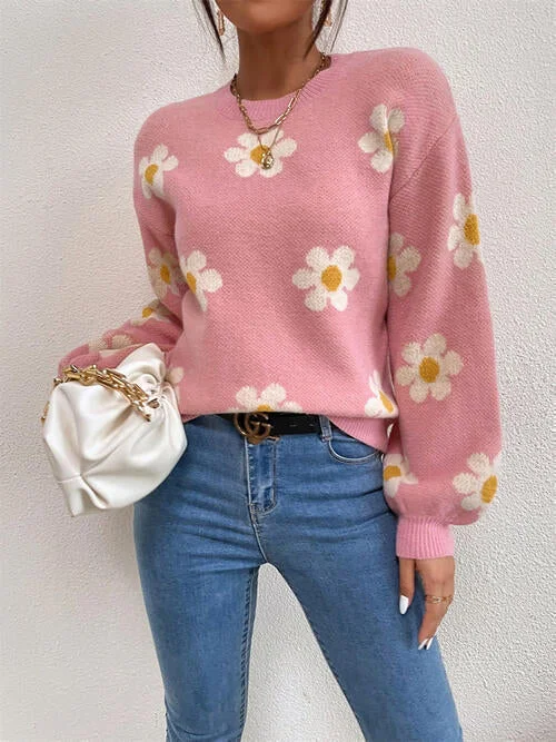 TastyHottie - Flower Round Neck Latern Sleeve Sweater