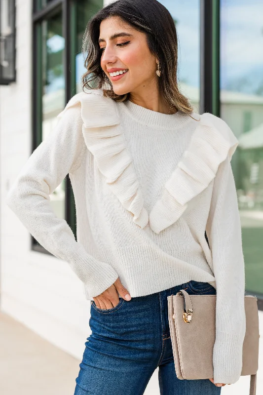 premium plush pullover sweater -Frill This Way Ivory White Ruffled Sweater