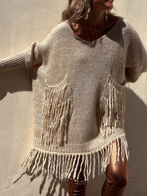 vented hearty pullover sweater -TastyHottie - Fringe Detail Long Sleeve Sweater with Pockets