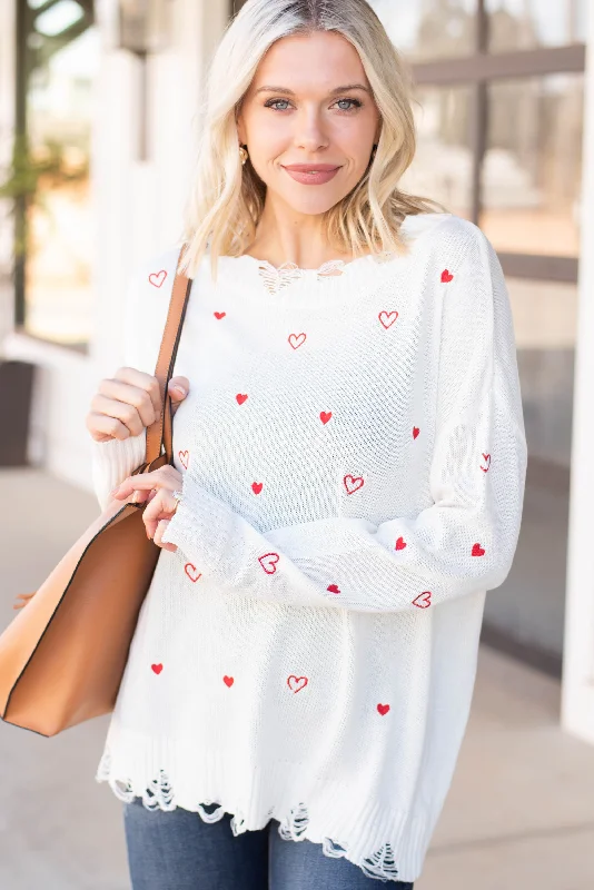 trail thick pullover sweater -Full Of Love Ivory White Heart Sweater