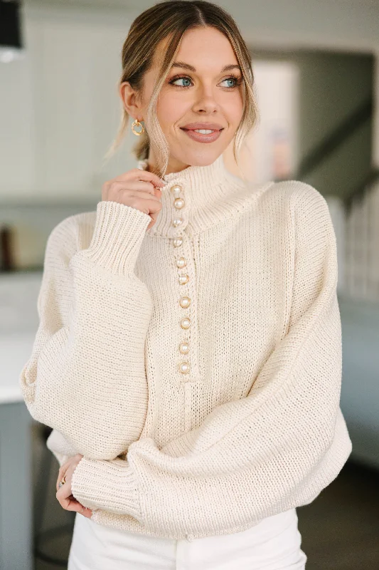 button striking pullover sweater -Give You More Almond White Pearl Sweater