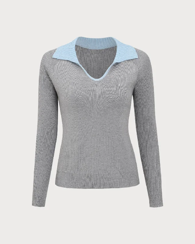 snug weave pullover sweater -Grey Contrasting V-Neck Slim Sweater