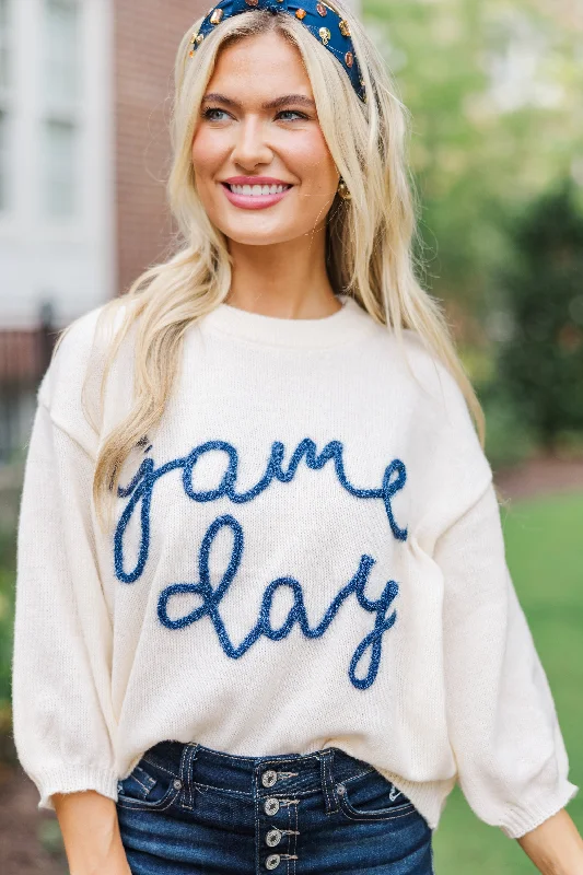 women’s cozy pullover sweater -It's Game Day Ivory/Navy Puff Sleeve Sweater