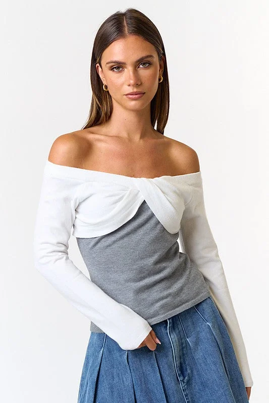 duo glow pullover sweater -It's Twisted Front Off Shoulder Sweater Top