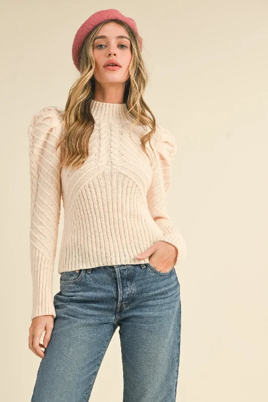 twilight luster pullover sweater -Ivory Mock Neck Puff Sleeve Sweater