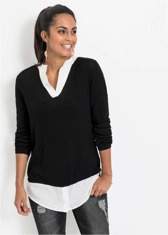 flare trim pullover sweater -Layered Look Sweater - Black