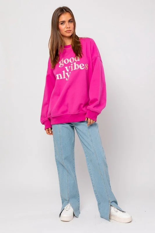 tight bold pullover sweater -Hot Pink Good Vibes Only Pullover Sweater