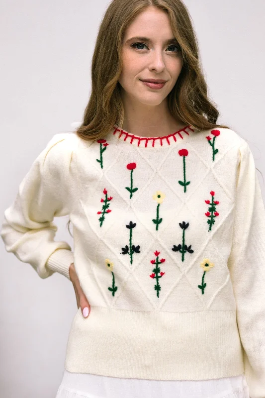 twilight luster pullover sweater -Magnolia Floral Embroidered Sweater