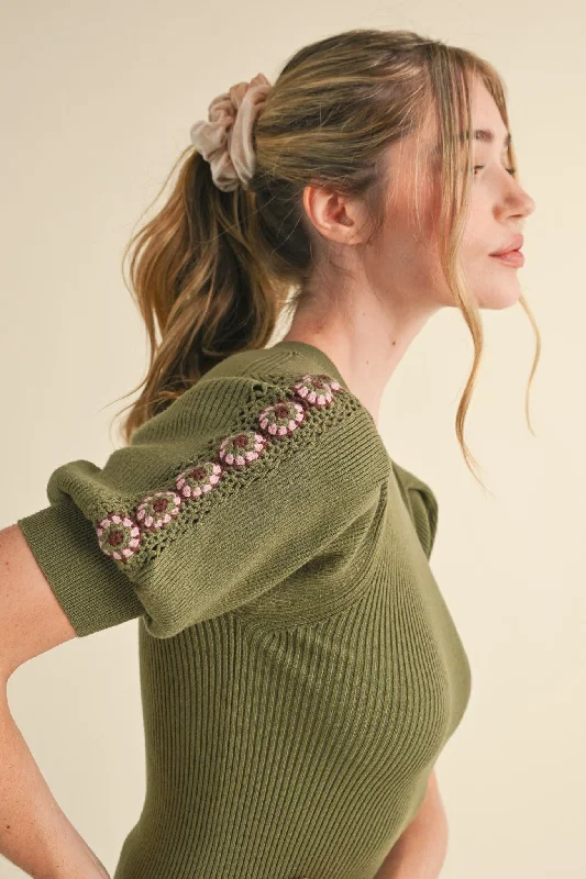 active warm pullover sweater -Olive Crochet Floral Short Sleeve Sweater