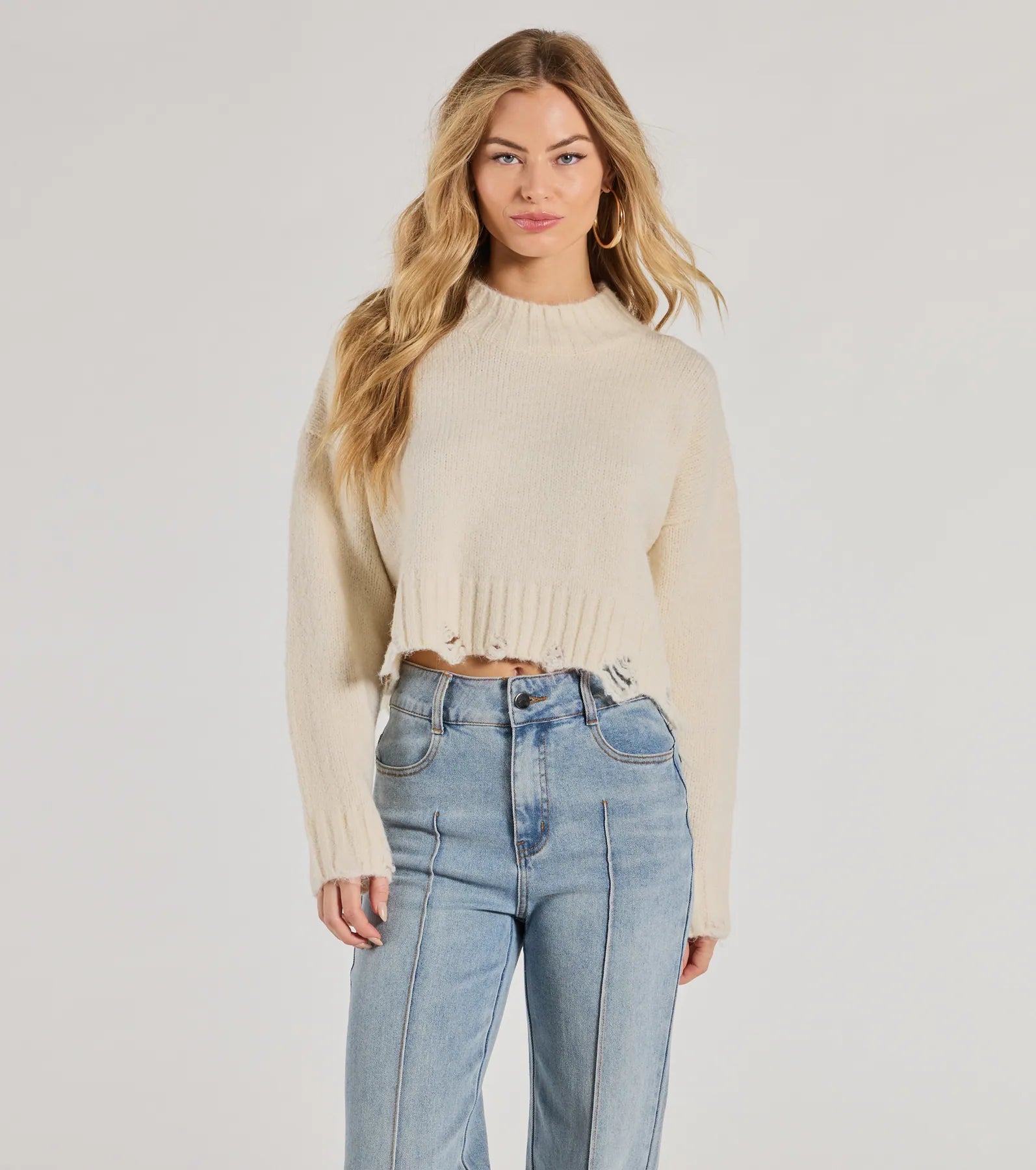 vivid flair pullover sweater -On-Trend Distressed Knit Mock Neck Sweater