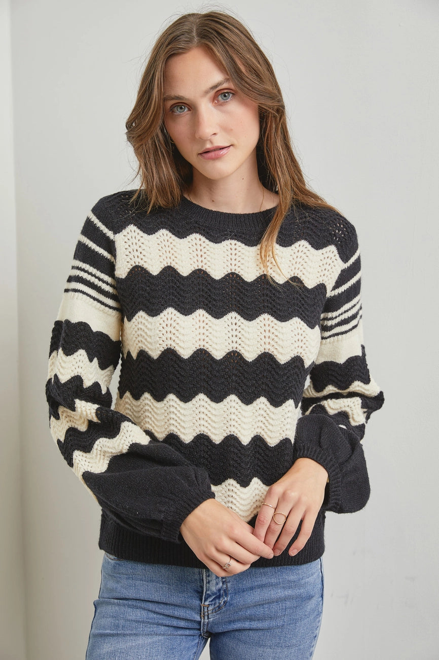 rust soothing pullover sweater -Pointelle Black and White Striped Sweater