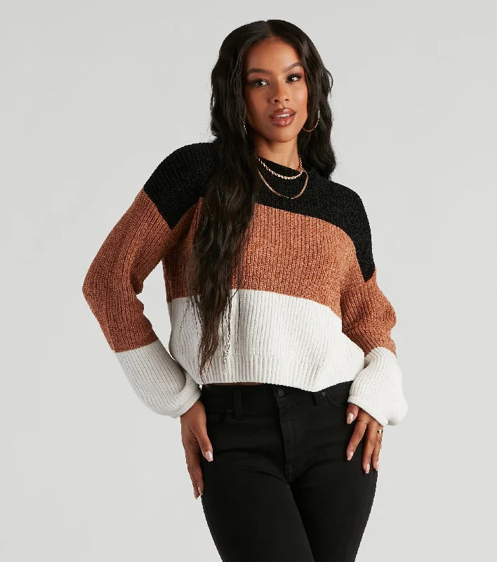 deep trim pullover sweater -Real Sweet Color Block Chenille Sweater