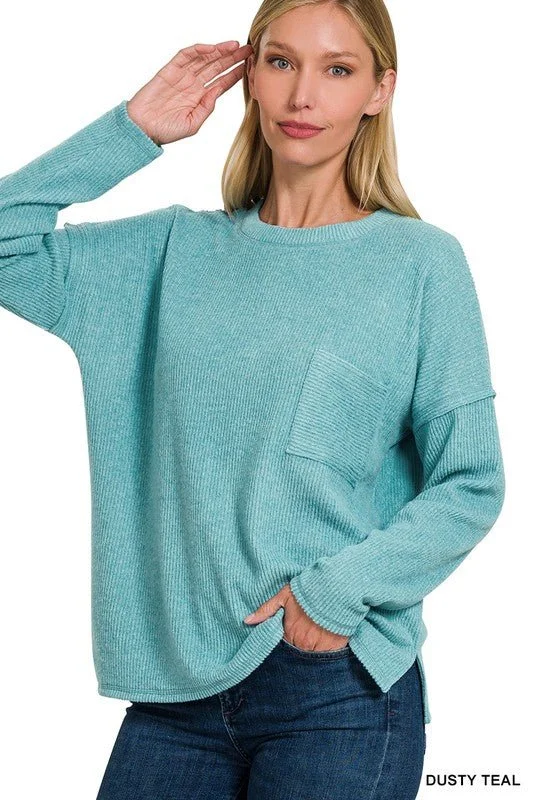 shore light pullover sweater -Ribbed Brushed Melange Hacci Sweater with a Pocket