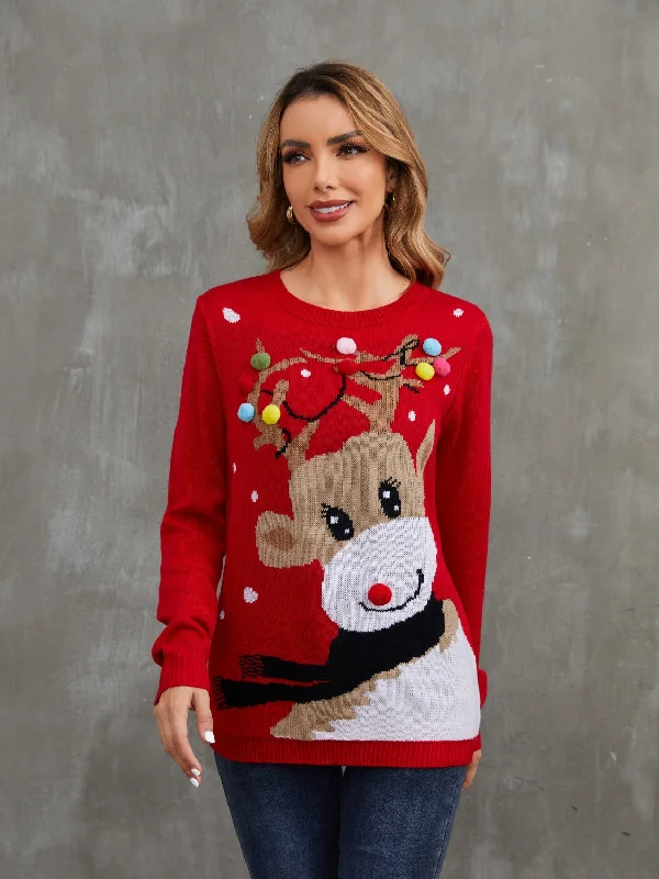 arctic rest pullover sweater -TastyHottie - Rudolph Pom-Pom Trim Christmas Sweater