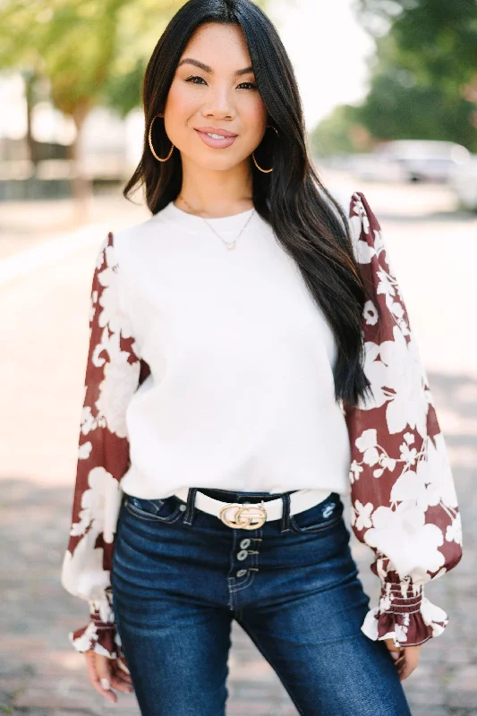 twill comfy pullover sweater -Fate: Say It All Cream White Floral Sleeve Sweater