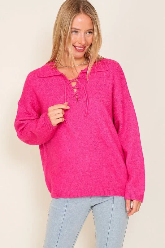 form striking pullover sweater -Sweater Top with V-Shape Criss Cross Tie Neck