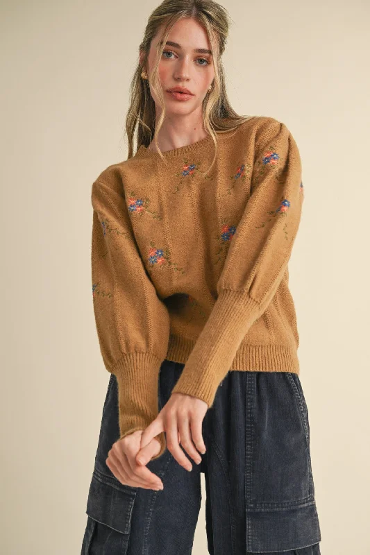 curve stitch pullover sweater -Taupe Embroidered Puff Sleeve Sweater