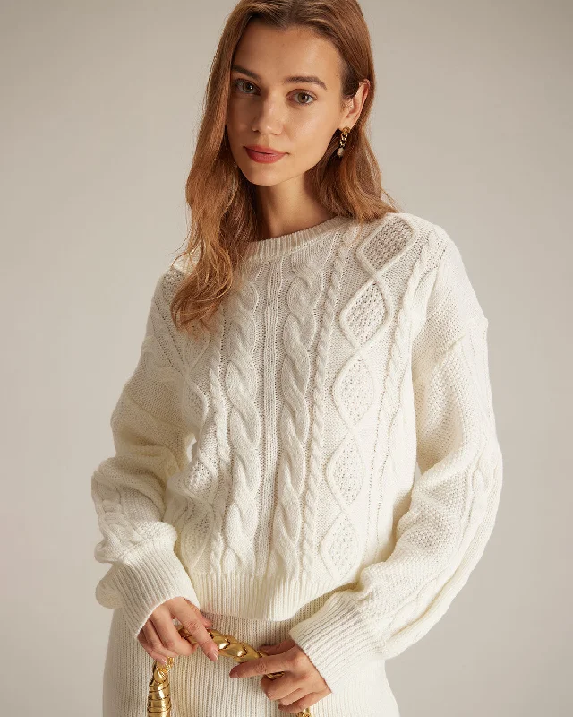 ruby bold pullover sweater -The Beige Round Neck Ribbed Cable Sweater