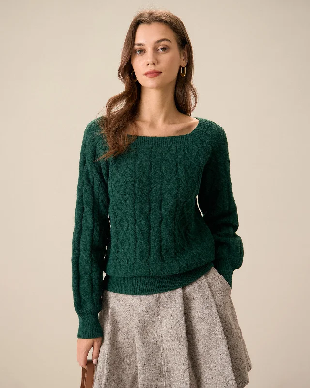 artistic rib pullover sweater -Green Romance Cable Knit Crew Sweater