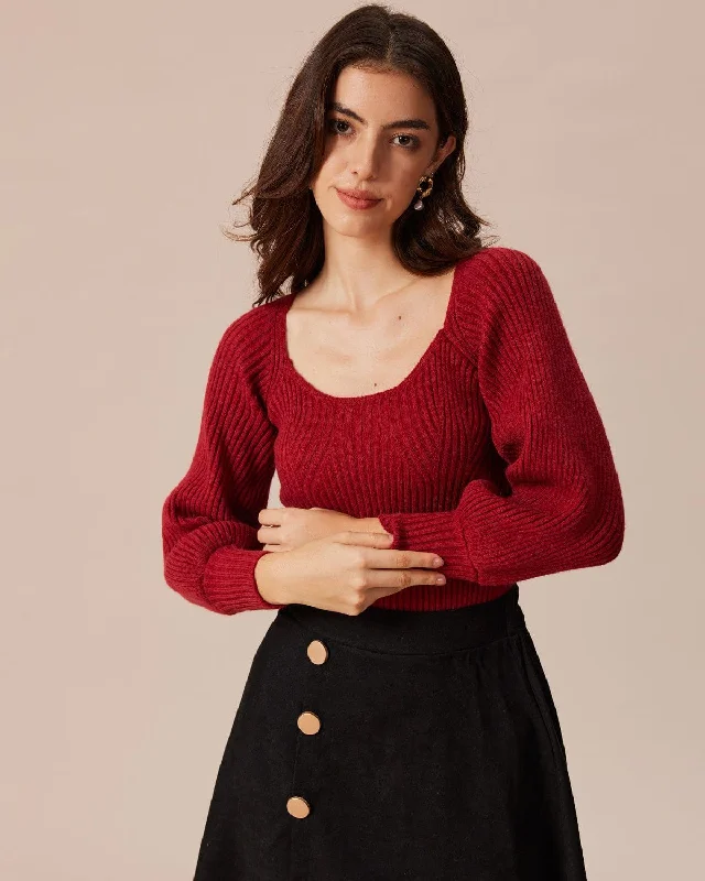 obsidian pullover sweater -The Red Scoop Neck Lantern Sleeve Sweater