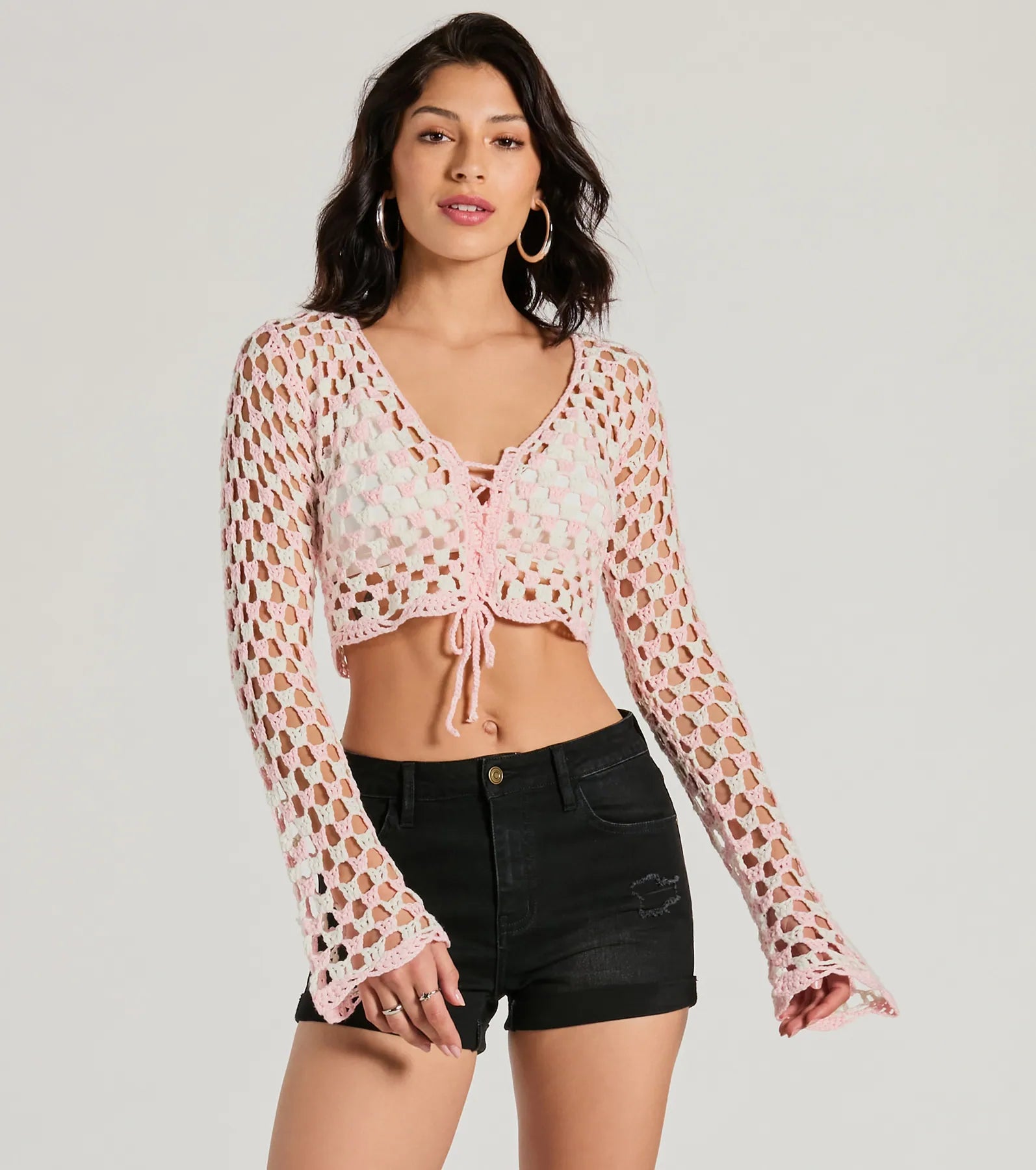 chili flare pullover sweater -Total Trend Long Sleeve Checker Crochet Sweater