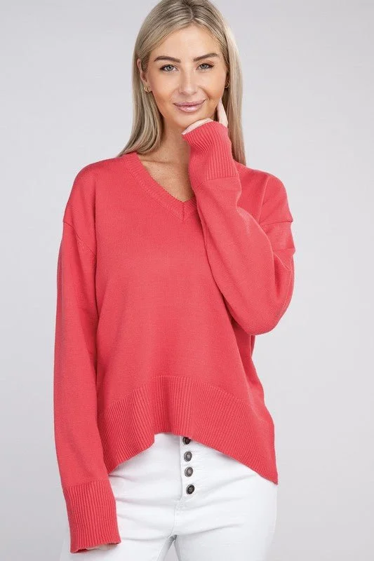 flap radiant pullover sweater -Pink V-Neck Sweater