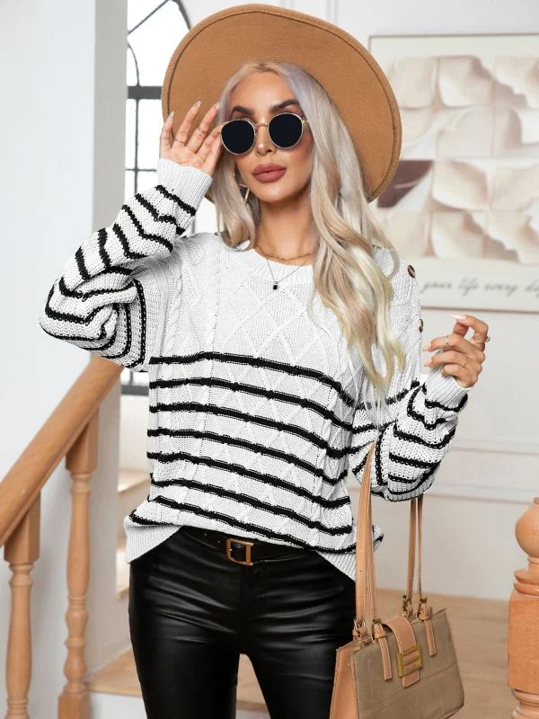 knot vivid pullover sweater -TastyHottie - Women's Casual Button Striped Long Sleeve Pullover Sweater