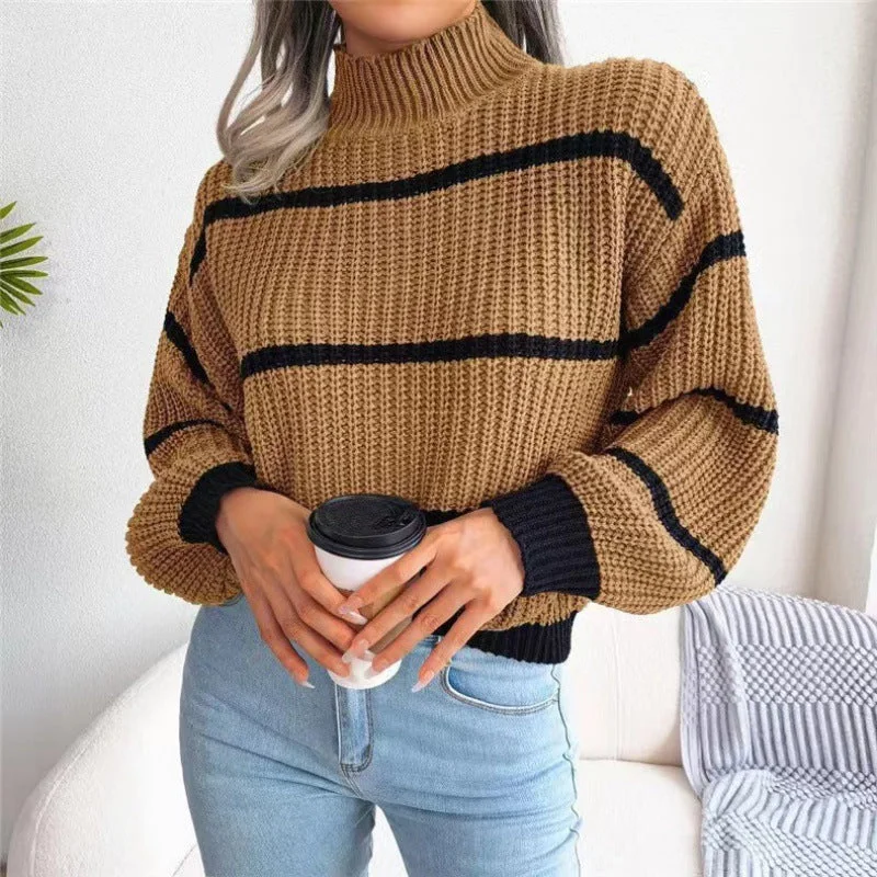 long fitted pullover sweater -TastyHottie - Women's Fashion Casual Striped Balloon Sleeve Turtleneck Sweater