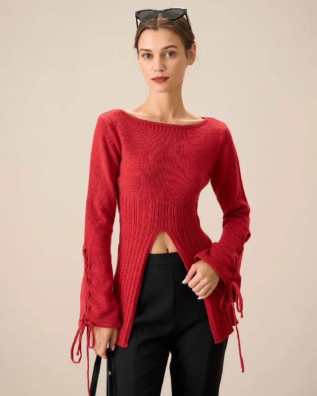 rust soothing pullover sweater -Red Bell Sleeve Slit Sweater