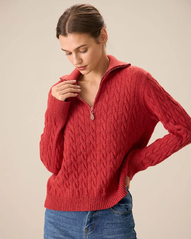 mauve luster pullover sweater -Red Lapel Zipper Sweater