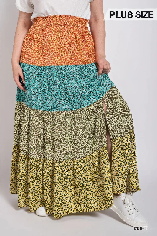 saffron skirts vibrant hue -saffron skirts vibrant hue -Ditsy floral color block skirt with front slit